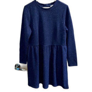 LOFT Sweater Dress Blue White Ribbed Button Back Longsleeve Cozy Work Wear LP